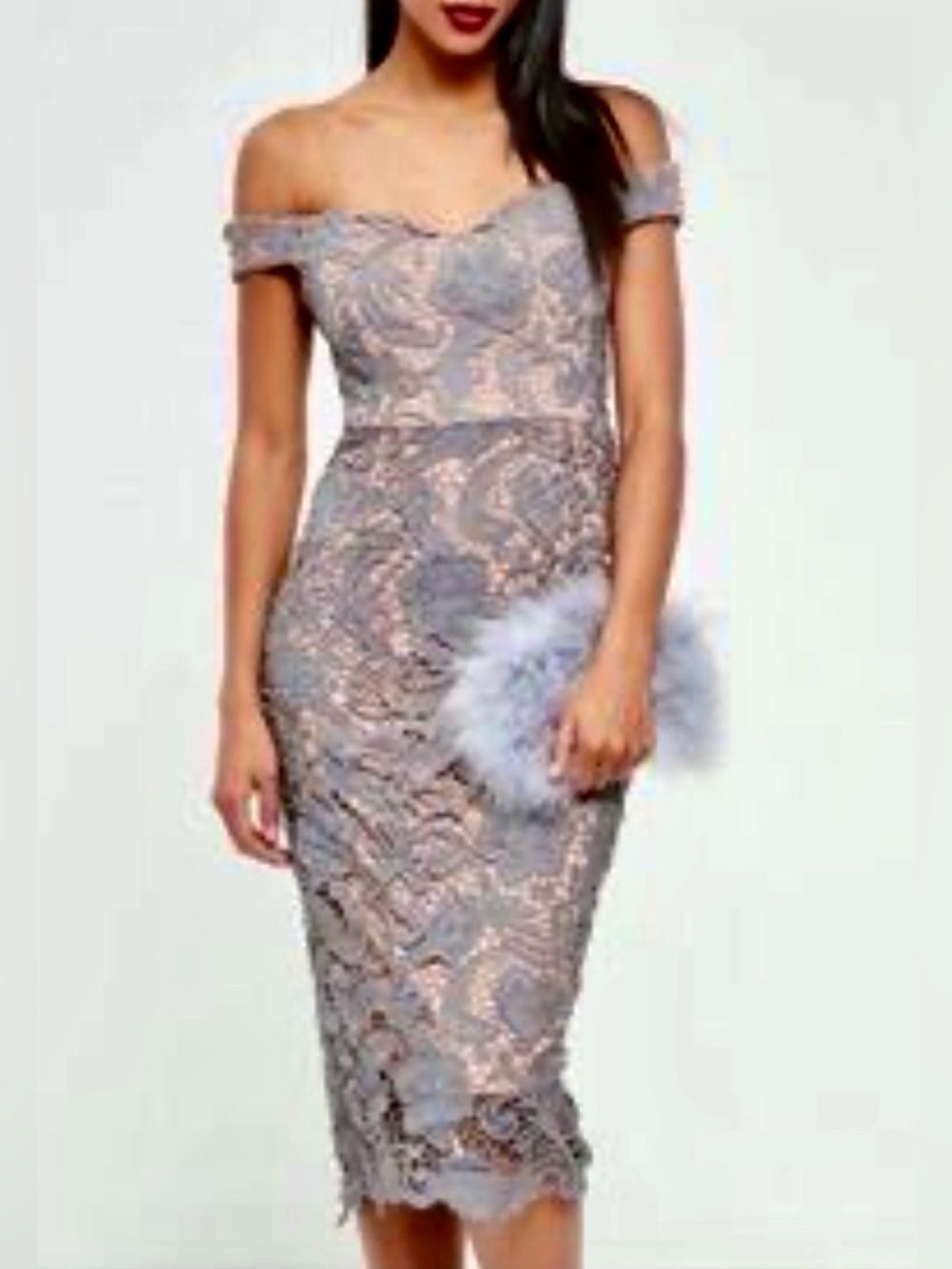 Missguided Off-Shoulder Gray Lace Midi Dress with Nude Lining Wedding / Formal
